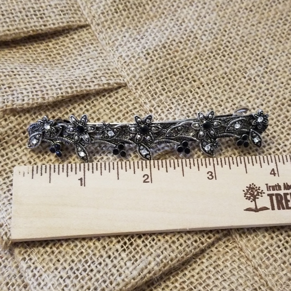 Vintage hair clip, silver, flower and leaf, clear and black crystals, 4”, updo - Picture 3 of 5